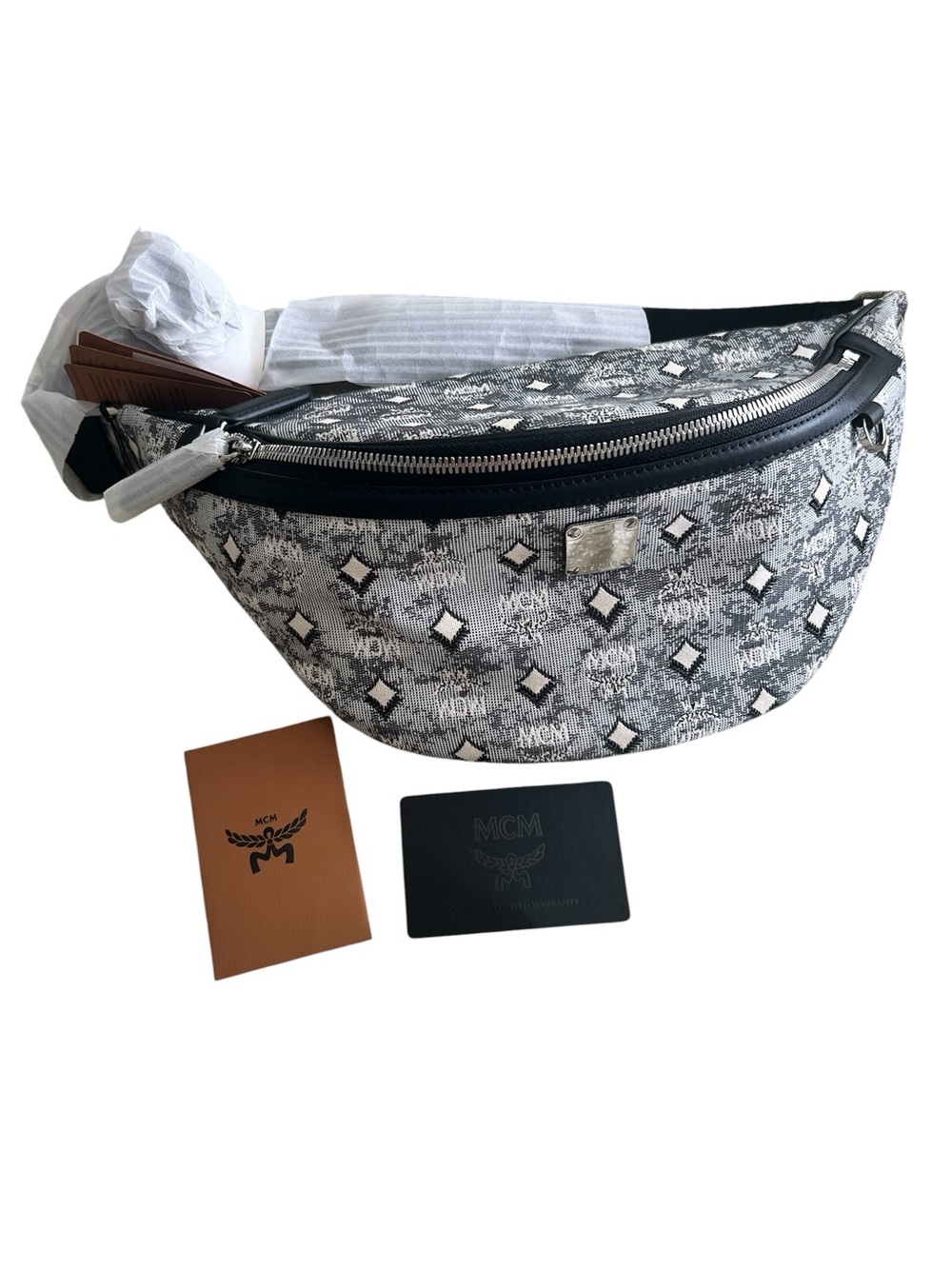 MCM Gray & White Monogram Crossbody Belt Bag